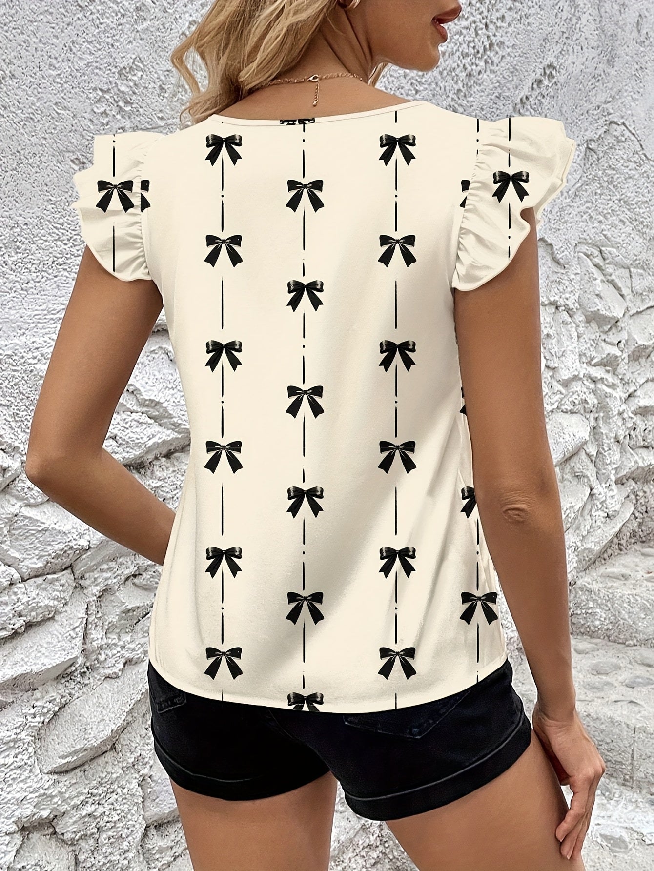 Graceful Women's Bow Print Flutter Sleeve Blouse Short-Sleeve Top