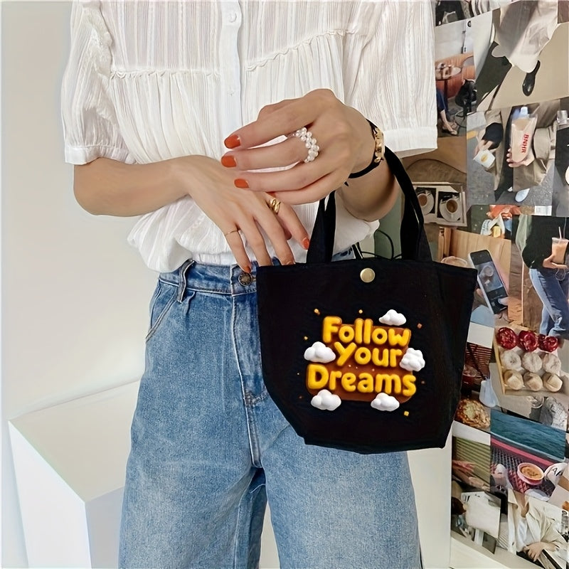 Customizable Canvas Tote Bag for Women - Personalized Mini Handbag with Button Closure, Black with Red Text, Perfect for Work, Commute, Shopping & Parties, Mini Purse