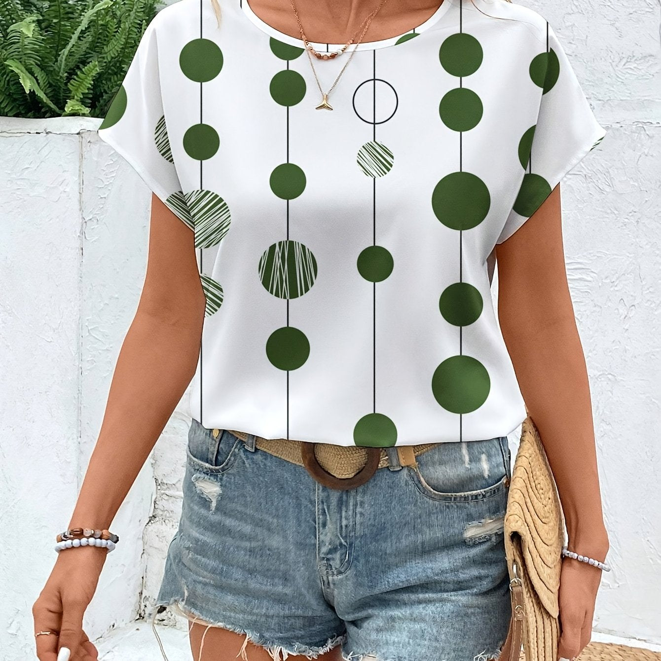 Women's Casual Green & White Geometric Print Long Sleeve Blouse - Lightweight Polyester, Round Neck, Machine Washable, Perfect for Spring/Summer/Fall
