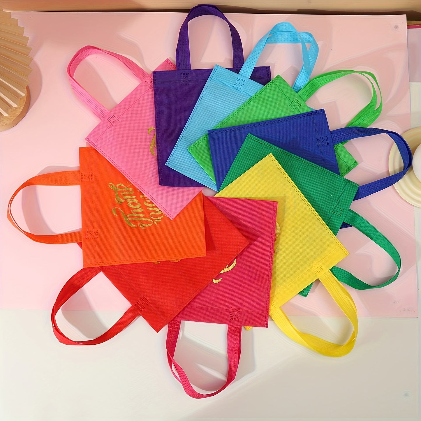 10pcs Thank You Gift Bags - Reusable Non-Woven Tote Bags with Rainbow Colors & Golden Glitter "Thank You" Design, Sturdy Handles for Birthdays, Weddings, Holidays, Small Business Gifts, Small Gift Bags, Event Favor Bags, Eleg