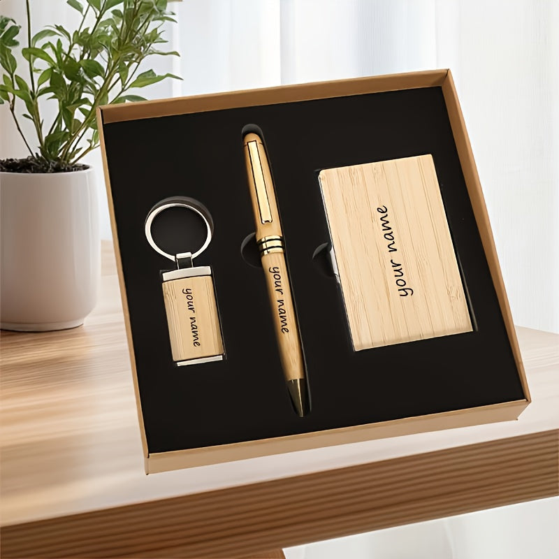 Custom Engraved Logo Ballpoint Pen Set with Keychain & Business Card Holder - Perfect Gift for Colleagues, Friends, and Family Birthdays or Holidays
