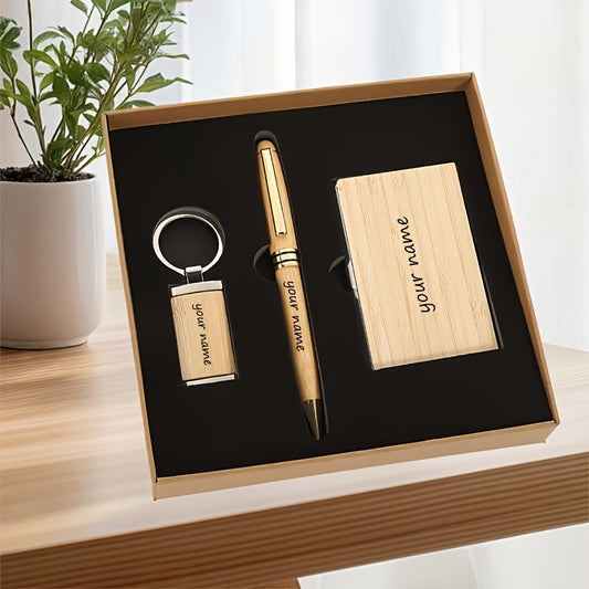 Custom Engraved Logo Ballpoint Pen Set with Keychain & Business Card Holder - Perfect Gift for Colleagues, Friends, and Family Birthdays or Holidays