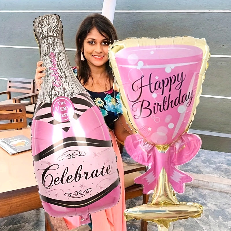 2pcs, Happy Birthday Champagne Bottle And Wine Glass Foil Balloons, Birthday Party Decorations, Photo Prop Decor, Celebration Decor, Birthday Gift, Atmosphere ArranSynthetic Gemstoneent, Home Decor, Scene Decor, Halloween Dec