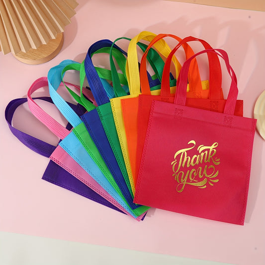 10pcs Thank You Gift Bags - Reusable Non-Woven Tote Bags with Rainbow Colors & Golden Glitter "Thank You" Design, Sturdy Handles for Birthdays, Weddings, Holidays, Small Business Gifts, Small Gift Bags, Event Favor Bags, Eleg