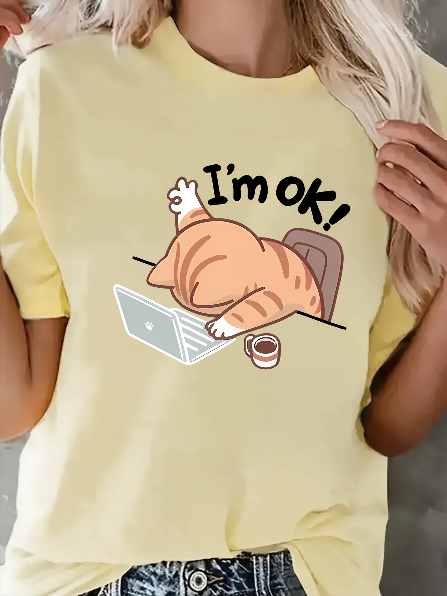 Women'S Casual Crew Neck Short Sleeve T-Shirt - "I'm Ok!" Cat Design, Soft & Comfortable Fabric, Perfect for Spring & Summer Outfits, Casual Wear | Playful Graphic Tee | Comfortable Fit