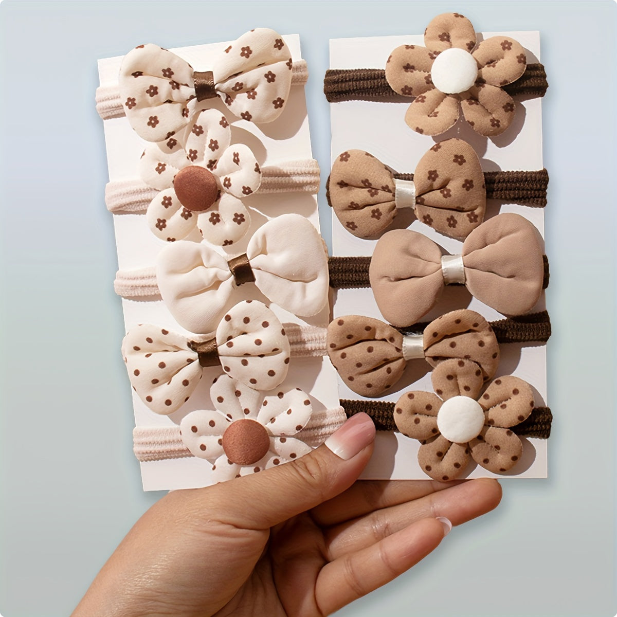 10pcs Elastic Hair Ties with Cute Floral & Bow Designs - Beige/Brown/White/, Stretchy Hold for Ponytails, Buns, Braids - No-Slip Hair Accessories for Women, Girls, Everyday & Sports - Easy to Use & Hand Washable, Small Hair C