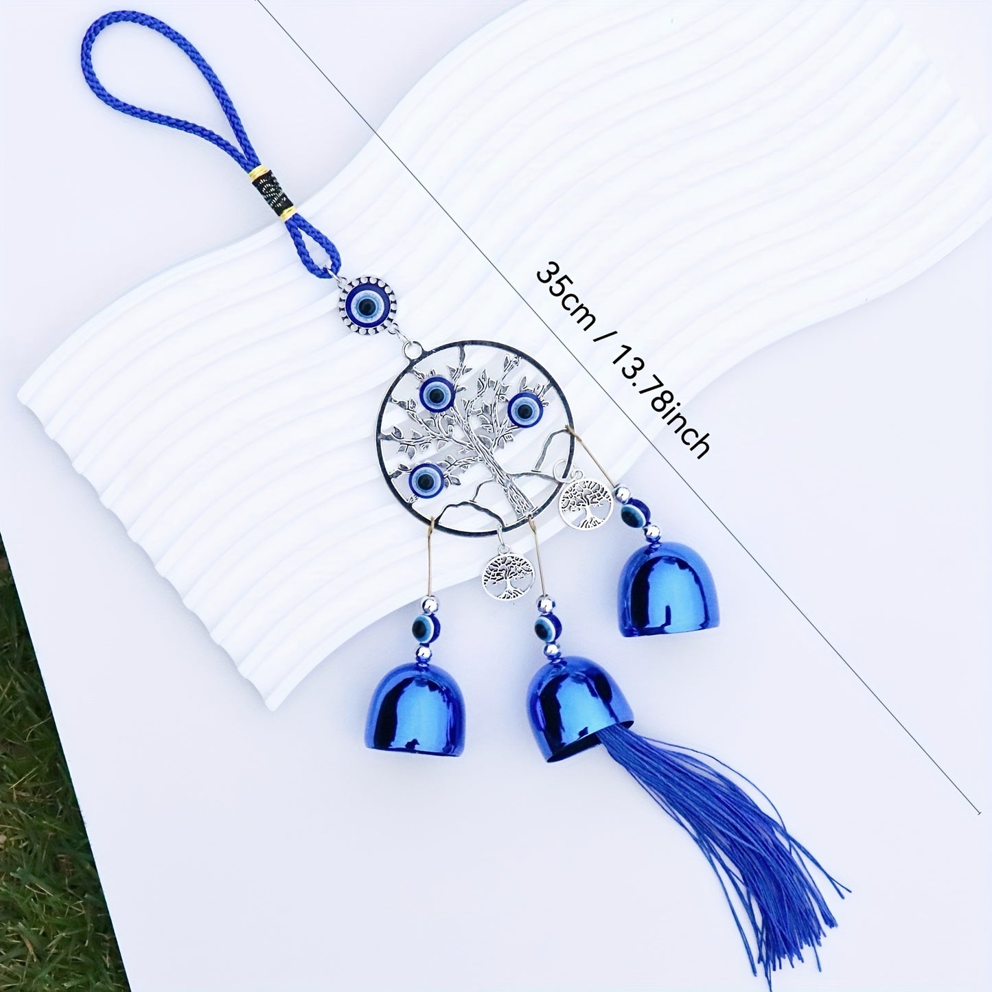 1pc Blue Evil Eye Wind Chime with Tassels – Metal Wall Hanging Decor for Outdoor, Balcony, or Patio – Intricate Design with Bells and Threads in Blue and Yellow, Wind Chimes for Outside