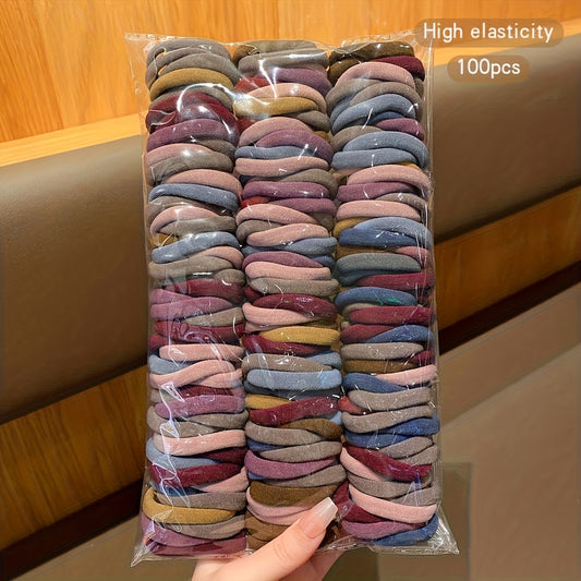 100pcs Vintage Bohemian Tie Headband - High Elasticity Seamless Headbands, Durable Ponytail Holder, s' Mixed Color Solid Hair Ring Set