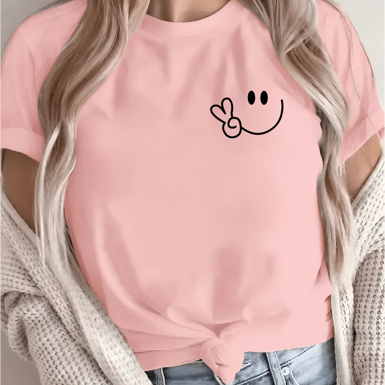 Women'S Casual Crew Neck T-Shirt with Smile Face Graphic, Short Sleeve, Regular Length, Letter Print Design, Soft Fabric, Perfect for Spring and Fall