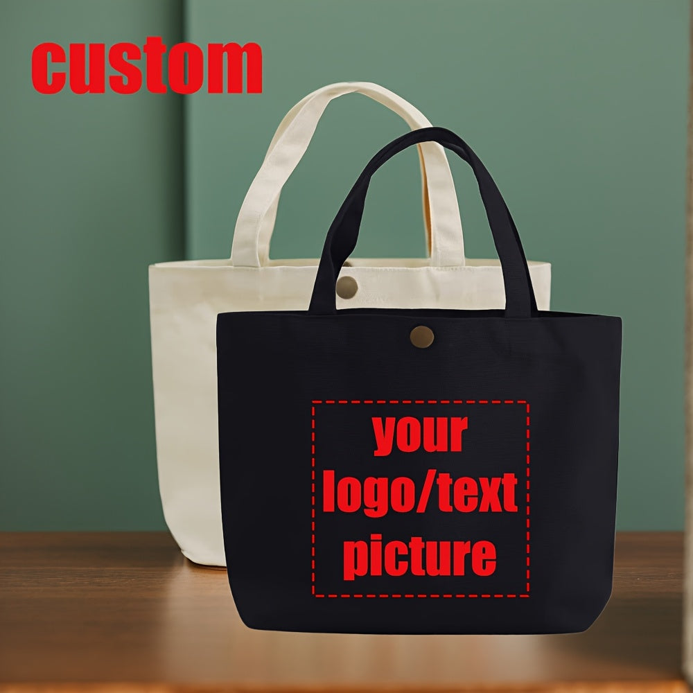 Customizable Canvas Tote Bag for Women - Personalized Mini Handbag with Button Closure, Black with Red Text, Perfect for Work, Commute, Shopping & Parties, Mini Purse