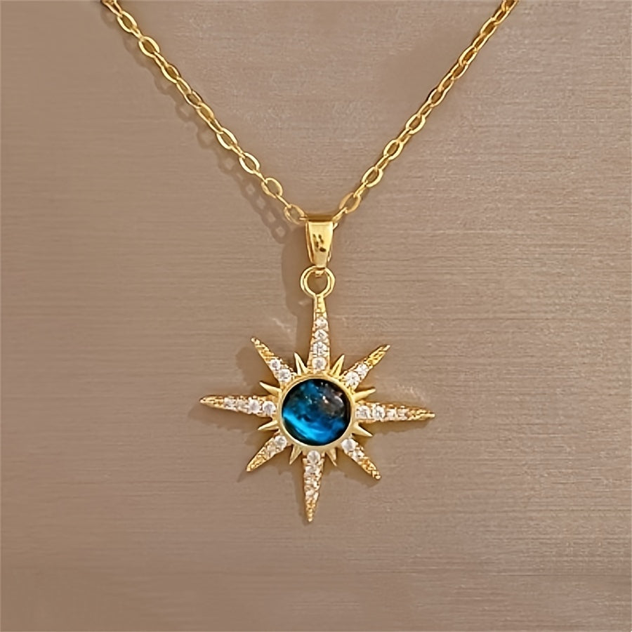 1pc Fashion Starburst Pendant Necklace, Copper with Synthetic Cubic Zirconia, Stainless Steel Chain, Elegant Gift for Wife and Daughter, Anniversary and Birthday Accessory