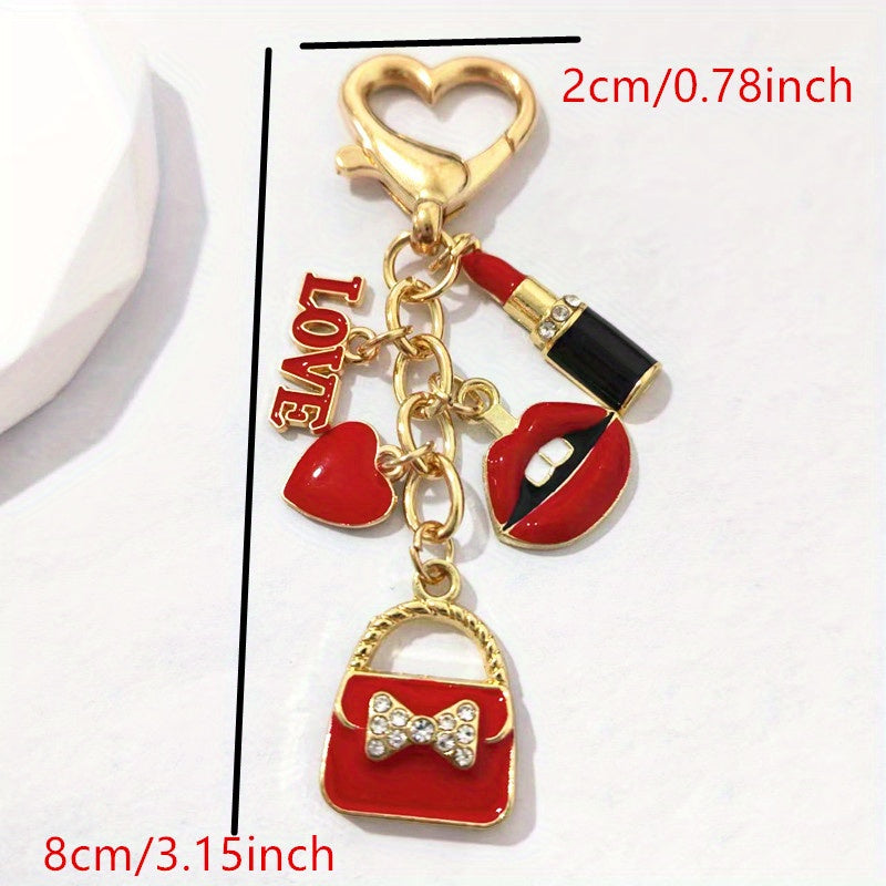 Valentine's Day Gift for Her - Retro Rhinestone-Embellished LOVE Letter & Heart Charm Keychain with Red Lips, Golden-Tone Alloy Purse Accessory for Keys or Bags, Stylish Key Organizer, Bold Lip Design, Rhinestone Embellishmen