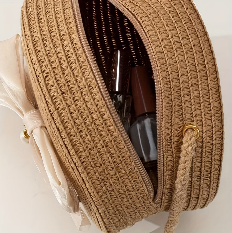 Elegant Coffee-Colored Round Woven Crossbody Bag with Pearl Bow Detail