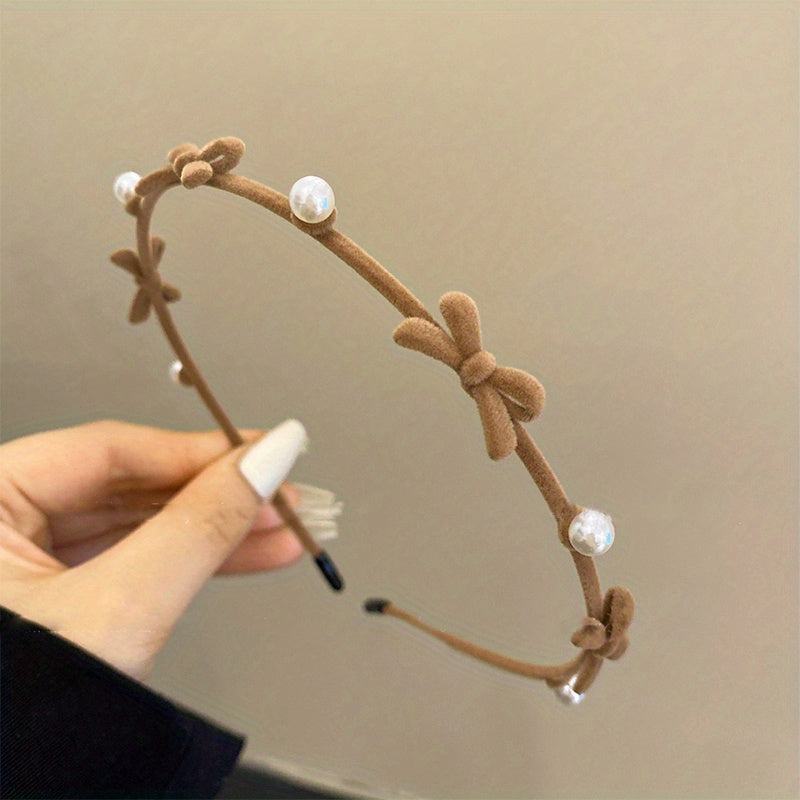 Elegant Faux Pearl Decorative Head Band, Flower Hair Hoop, Bowknot Hair Band, Retro Velvet Hair Accessories For Women And daily use
