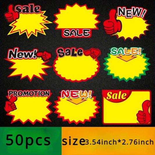 50pcs Vibrant Deal & Promotion Price Tags | 3.54" x 2.76" Paper Stickers with Deal, NEW, PROMOTION Messages for Retail & Supermarket Advertising, Price Tag Stickers