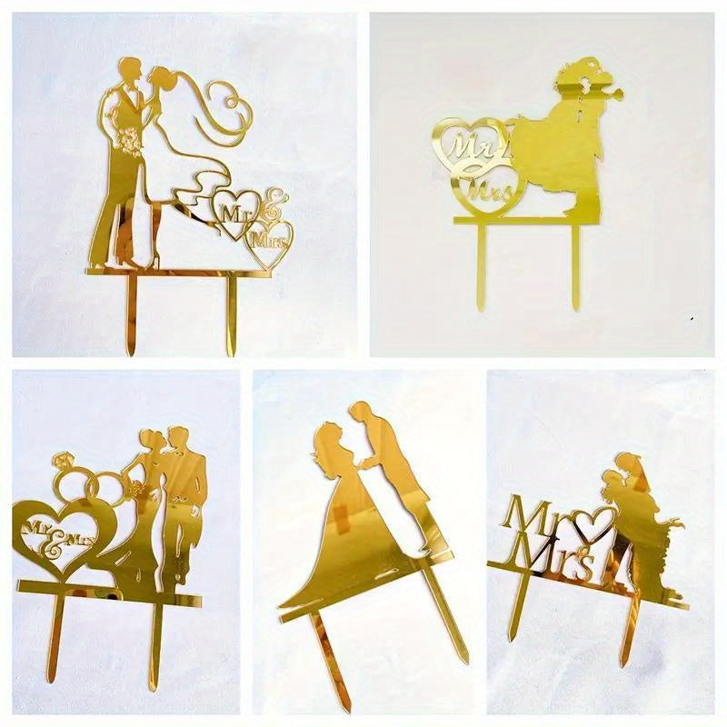 Elegant Acrylic Mr & Mrs Wedding Cake Toppers, 1 Piece, Bride and Groom Silhouette, Heart Design, Anniversary Celebration Decoration, No Feathers, For Ages 14+