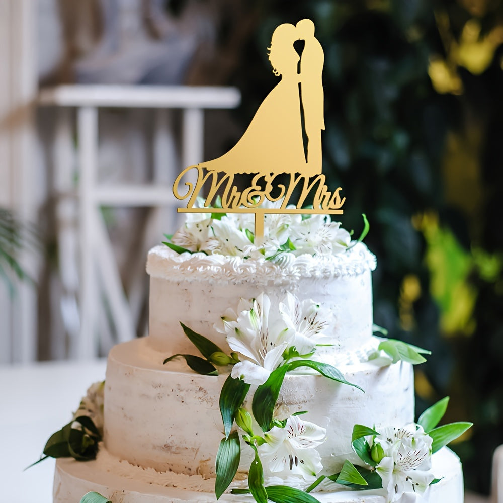 Elegant Acrylic Mr & Mrs Wedding Cake Toppers, 1 Piece, Bride and Groom Silhouette, Heart Design, Anniversary Celebration Decoration, No Feathers, For Ages 14+