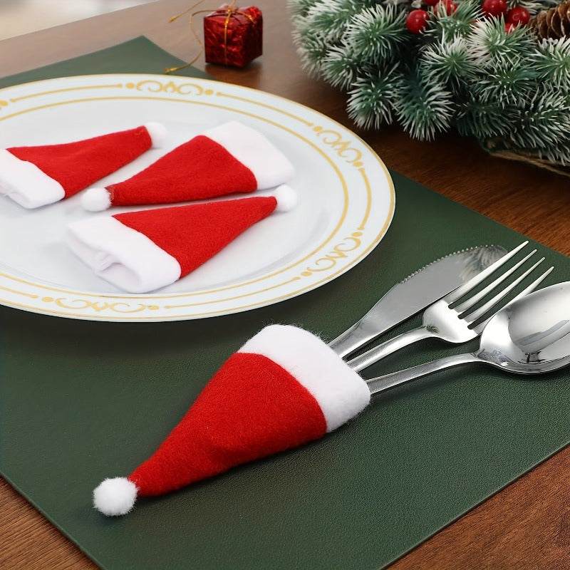 10pcs Red Christmas Table Centerpieces - Fabric Santa Hat Knife and Fork Set, 6x12cm Mini Holiday Table Decorations, Furry Kitchen Dining Accessories for Winter Christmas and All Seasons