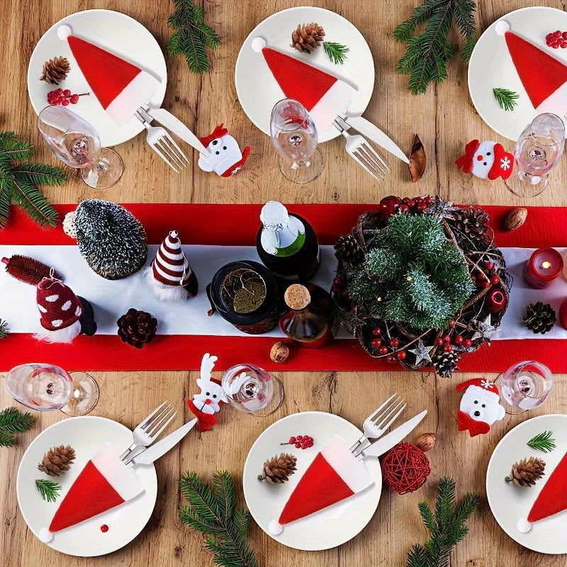 10pcs Red Christmas Table Centerpieces - Fabric Santa Hat Knife and Fork Set, 6x12cm Mini Holiday Table Decorations, Furry Kitchen Dining Accessories for Winter Christmas and All Seasons