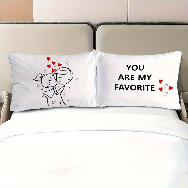2-Pack Romantic Couple Cartoon Pillowcases - French Style Endless Love Design, Soft Polyester Single-Sided Print, Wrinkle & Fade Resistant, All-Season White Bedding with Zipper Closure (Pillow Inserts Not Included), Bed Room