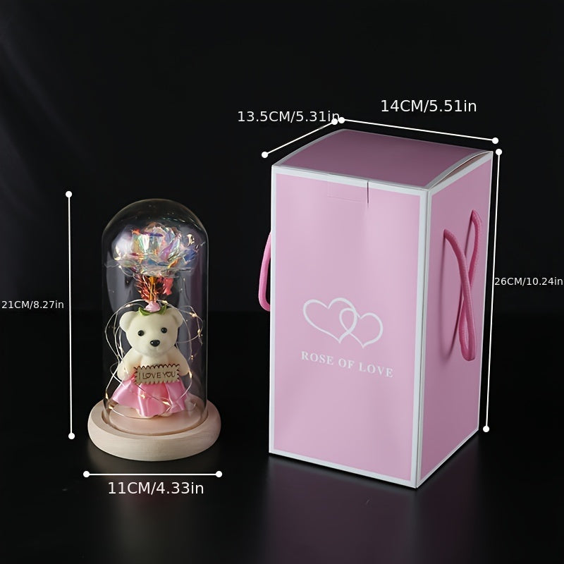 LED Lighted Golden Foil Flower with Bear, Plastic 3D Rose Gift Set, Battery Operated, Home & Kitchen Decor, Perfect for Valentine's Day & General Holidays, No Batteries Included