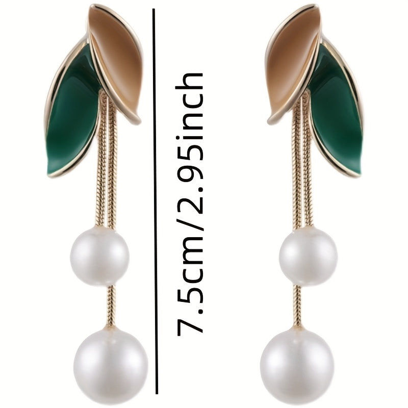 Elegant Leaf-Shaped Drop Earrings with Imitation Pearls