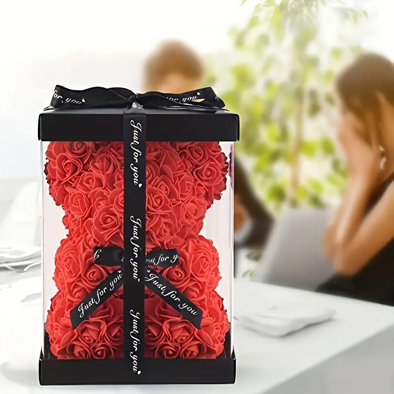 1pc Extra Large Floral teddy bear - with Burgundy/Red Roses, Elegant gift for Valentine's Day, Mother's Day, Wedding, Birthday, Anniversary - Long-Lasting Artificial Flower Bouquet Centerpiece - No Maintenance Required - Perf