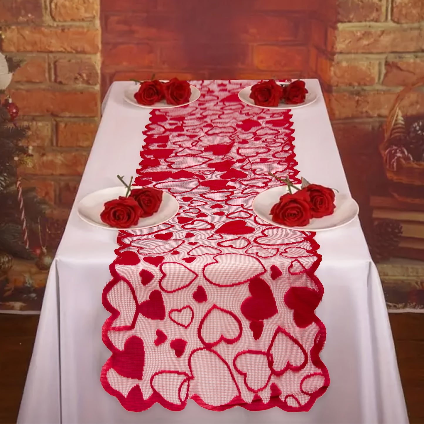1/5pcs Valentine's Day heart-shaped red lace table flag placemat set for home decoration, anniversary parties, romantic home decoration tablecloths for weddings and Valentine's Day decorations