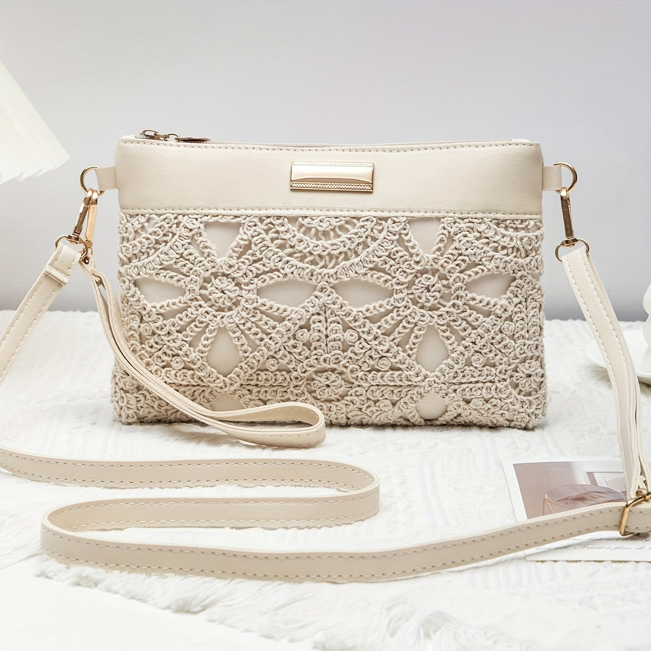 Elegant White Lace Crossbody Bag with Removable Beige Strap - Floral Pattern, Zipper Closure, Polyester Lining, Perfect for Spring & Summer Outfits, Casual or Formal Wear, Ladies Purse