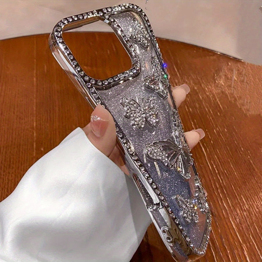 Glitter 3D Butterfly Shiny Case for iPhone 16 15 14 13 12 11 Pro Max Plus Diamond Bling Sparkly Rhinestone Girls Pink Cute Cover