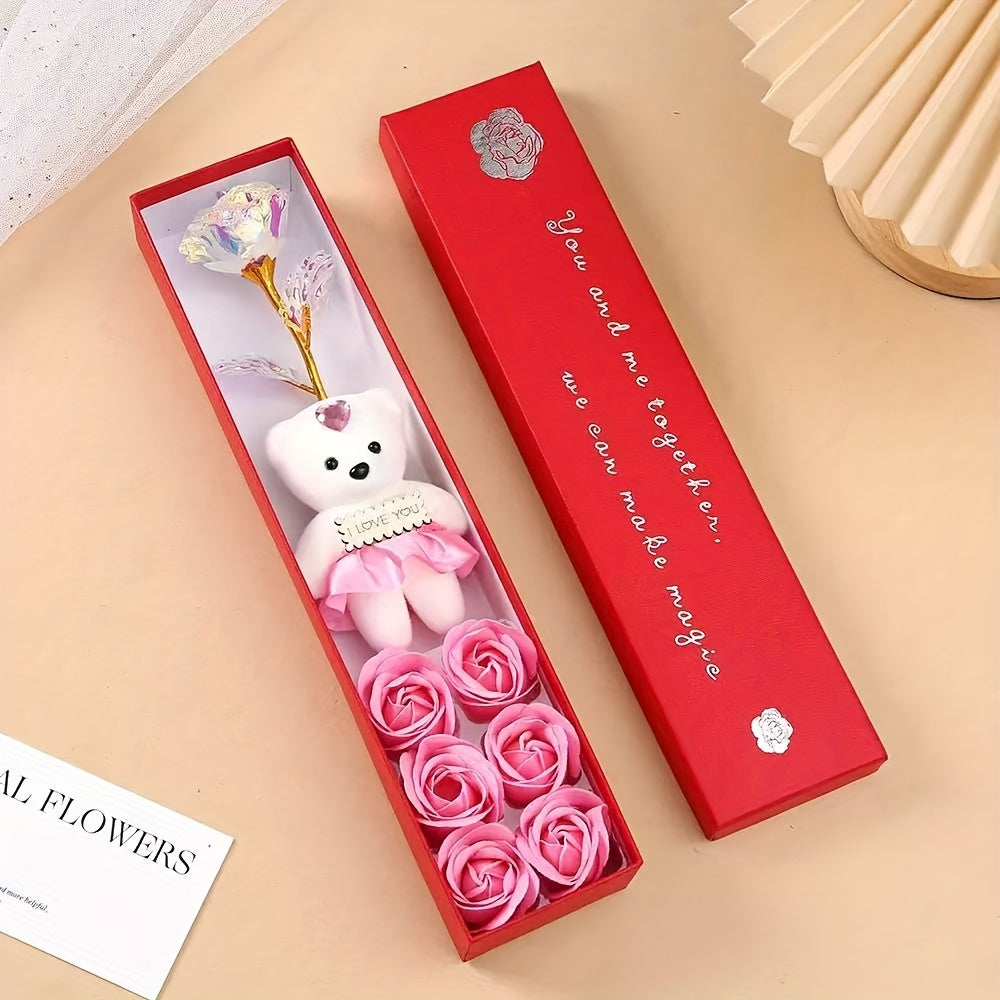 Creative Gift Box with Plush Bear And Artificial Roses - Ideal for Weddings, Birthdays, And Special Occasions, Romantic Gift Box|Playful Design|Durable Plastic Box, Flower Gift Box, Halloween, Christmas