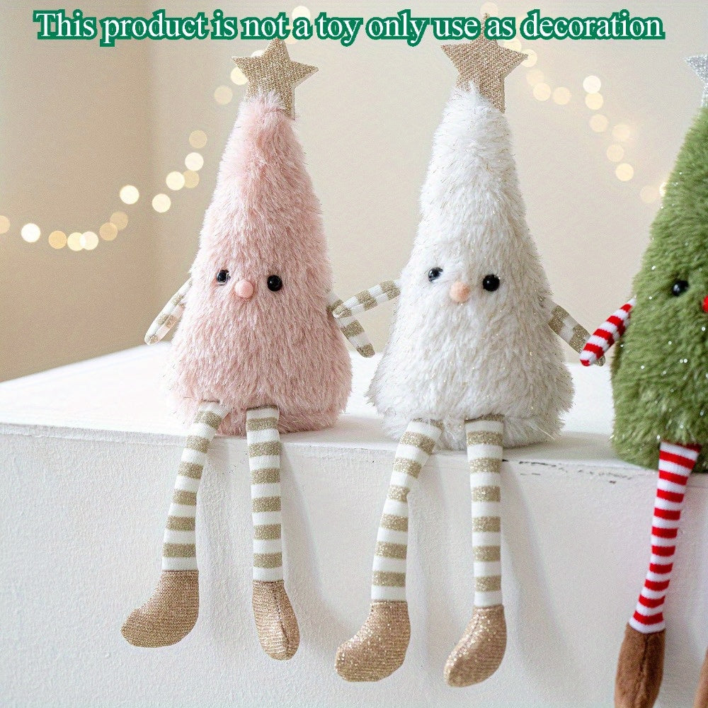 Cute Plush Christmas Tree Figurine Pendant with Stars & Striped Socks - Pink, White Green Fabric Holiday Decor for Home Living Room Windows No Electricity Needed Perfect for Xmas New Year Winter Tailgate Parties Halloween Fal
