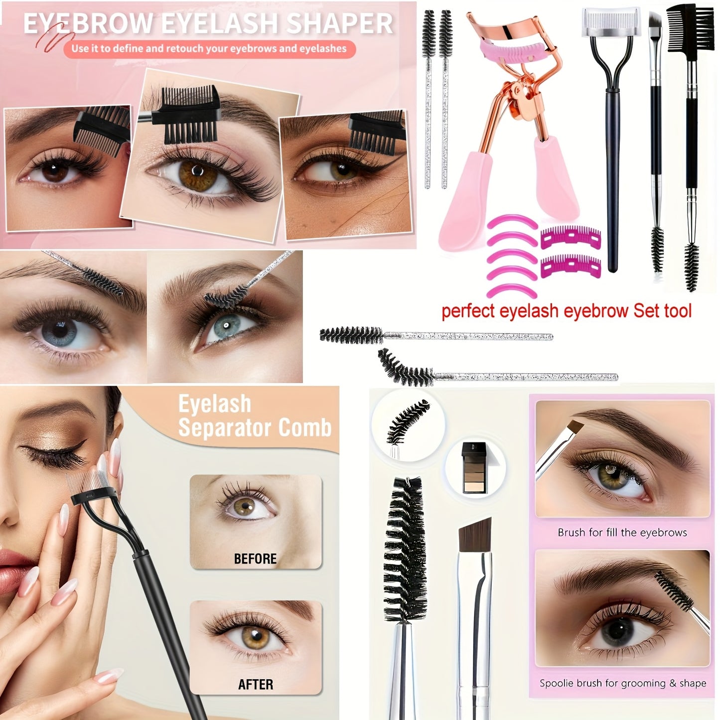Eyelash Curler, Women's Eyebrow Brush Set, Eyelash Curler with Comb, Eyelash Comb Separator, 3-in-1 Mascara Brush, 2-in-1 Beveled Eyebrow Brush and Comb, Eyelash Curler Replacement Strip, Comb. Suitable for all eye shapes, qu