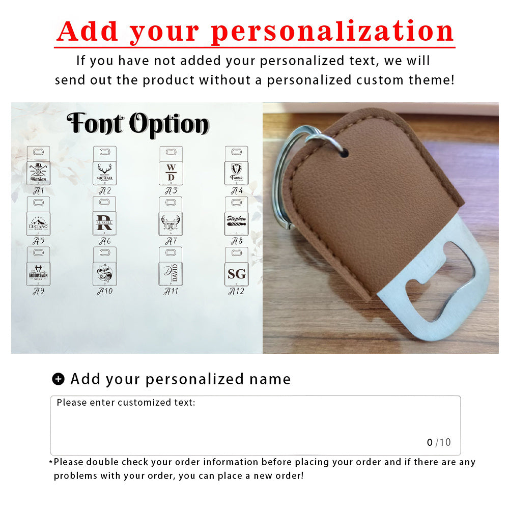 Personalized Bottle Opener Keychain - Custom Logo/Text, Heavy-Duty Synthetic Faux Leather Keyring with Opening Mechanism, Elegant Bottle Opener for Men, Dad, Groomsmen - Birthday, Wedding, Anniversary Gifts - No Electricity N