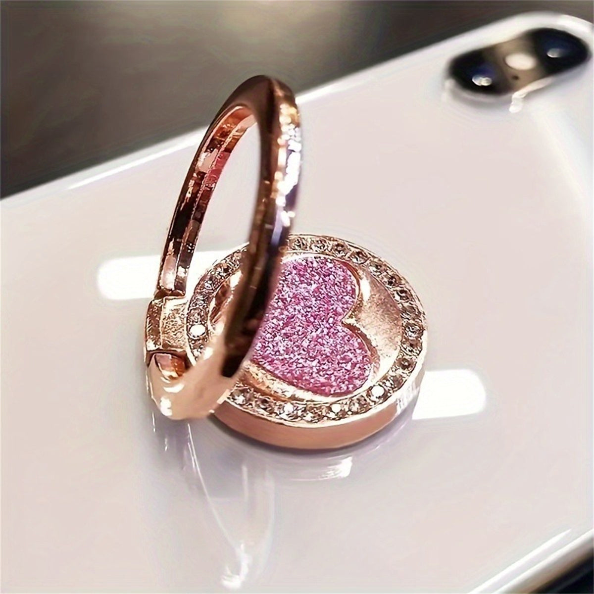 1pc Glittering Heart-Shaped Metal Ring Buckle Mobile Phone Holder - Sparkling Glitter Accents, Adjustable Ring, Compatible with Most Phone Cases, Easy Installation - Stylish Phone Accessory for Women