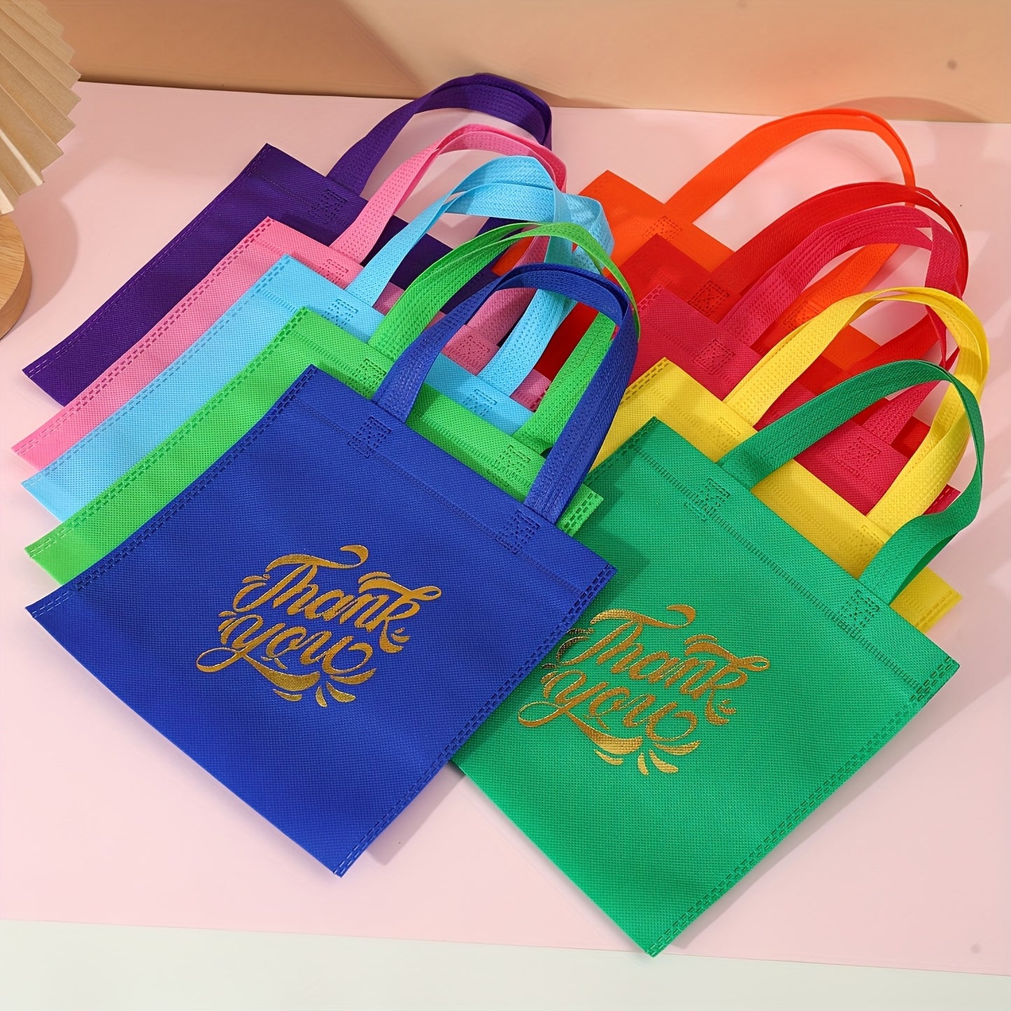 10pcs Thank You Gift Bags - Reusable Non-Woven Tote Bags with Rainbow Colors & Golden Glitter "Thank You" Design, Sturdy Handles for Birthdays, Weddings, Holidays, Small Business Gifts, Small Gift Bags, Event Favor Bags, Eleg