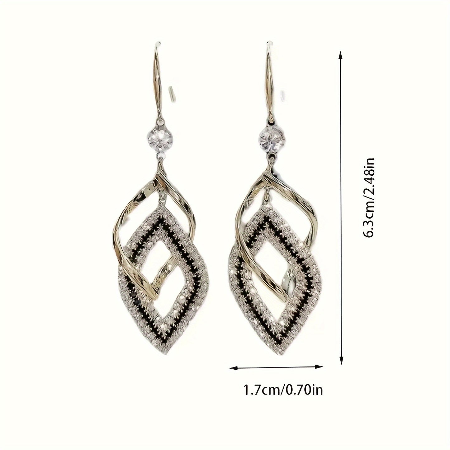 Double-Layer Hollow Diamond-Shaped Sparkling Synthetic Zirconia Drop Earrings