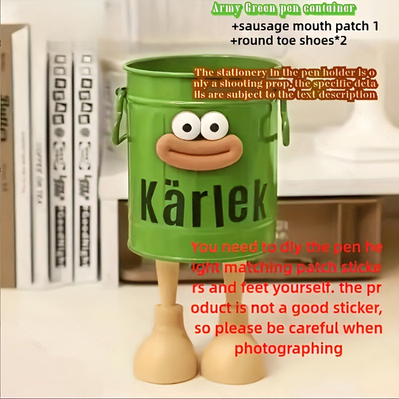 3pcs Set Cute Smiling Face Pen Holders with Expressive Eyes & Mouth - Heavy-Duty Plastic Desktop Storage Organizers with Green & White Lids, Labelled Compartments for Office & Home School Supplies, Fun Desk Organizer Set (Ide