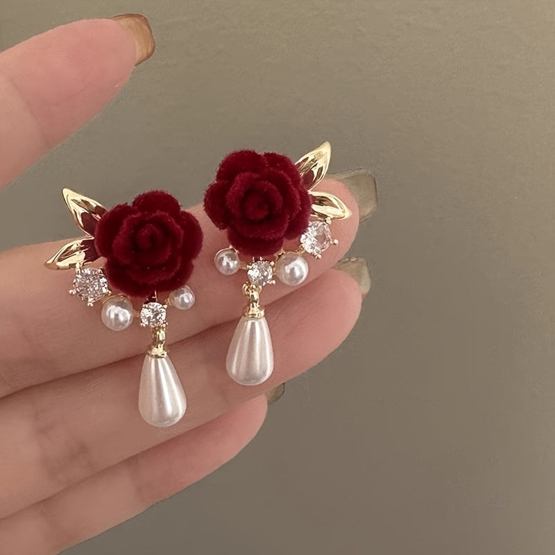 Red Rose Floral earrings - with Golden Leaves & Burgundy Roses