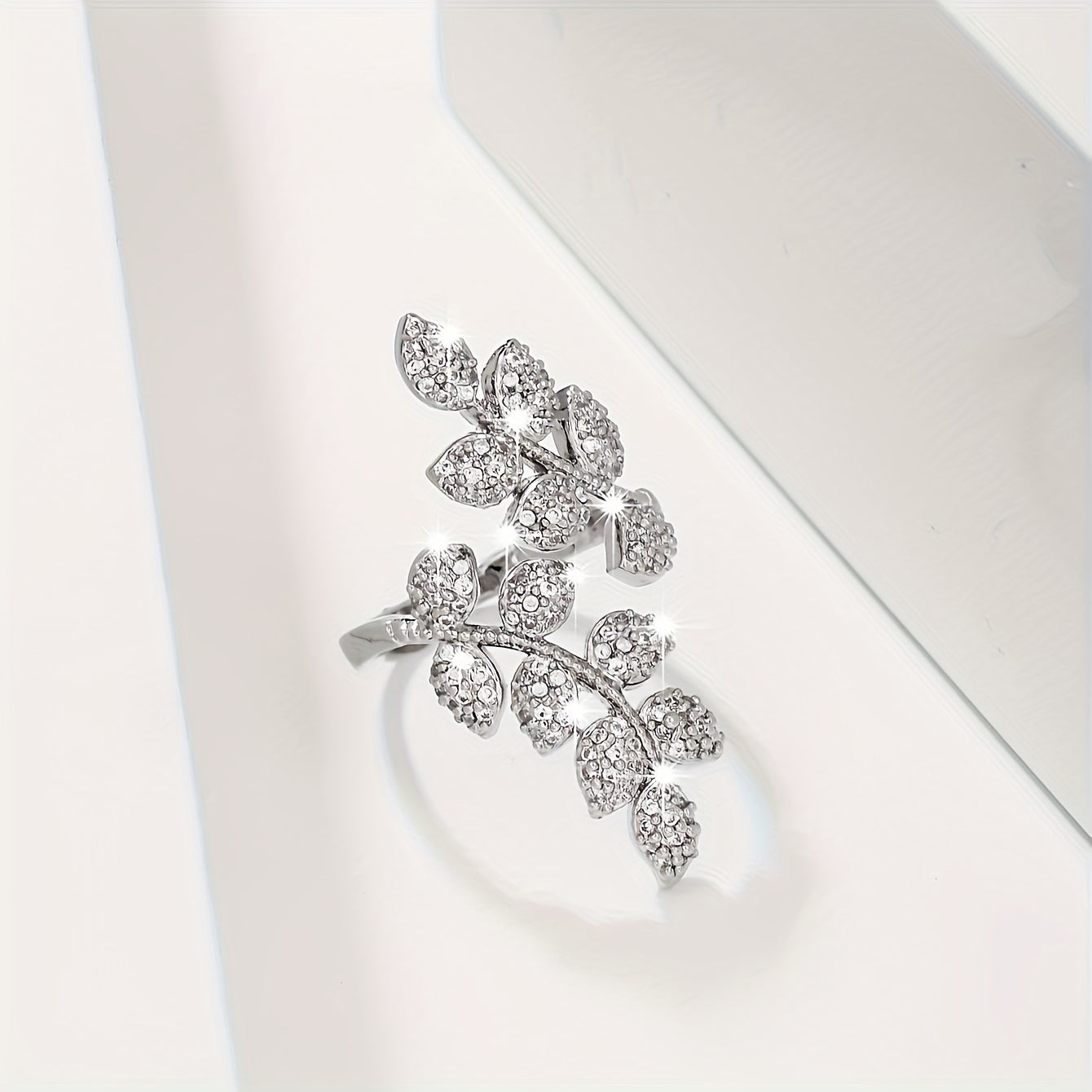 Adjustable Ladies' Ring With Trendy Copper Inlaid With Zirconia, Featuring Tree Leaves And Wheat Spikes