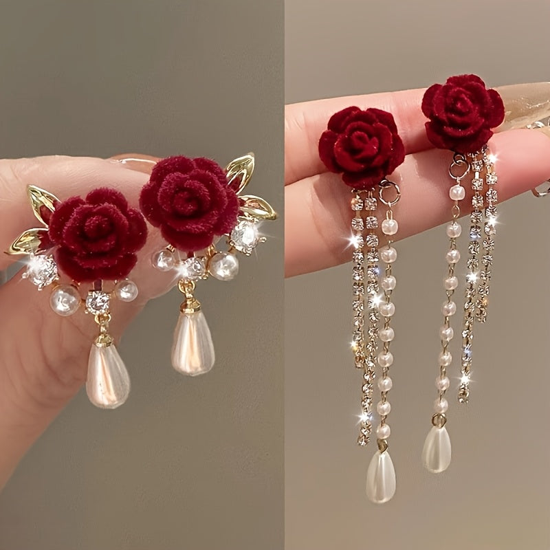 Luxury Floral Stud Earrings with Faux & Rhinestone Tassels, Copper Base & 925 Sterling Silver Posts