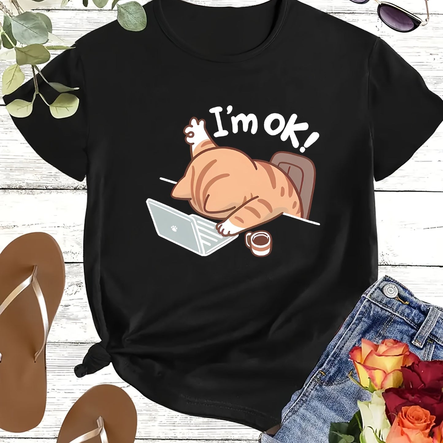 Women'S Casual Crew Neck Short Sleeve T-Shirt - "I'm Ok!" Cat Design, Soft & Comfortable Fabric, Perfect for Spring & Summer Outfits, Casual Wear | Playful Graphic Tee | Comfortable Fit