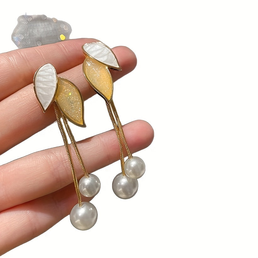 Elegant Leaf-Shaped Drop Earrings with Imitation Pearls