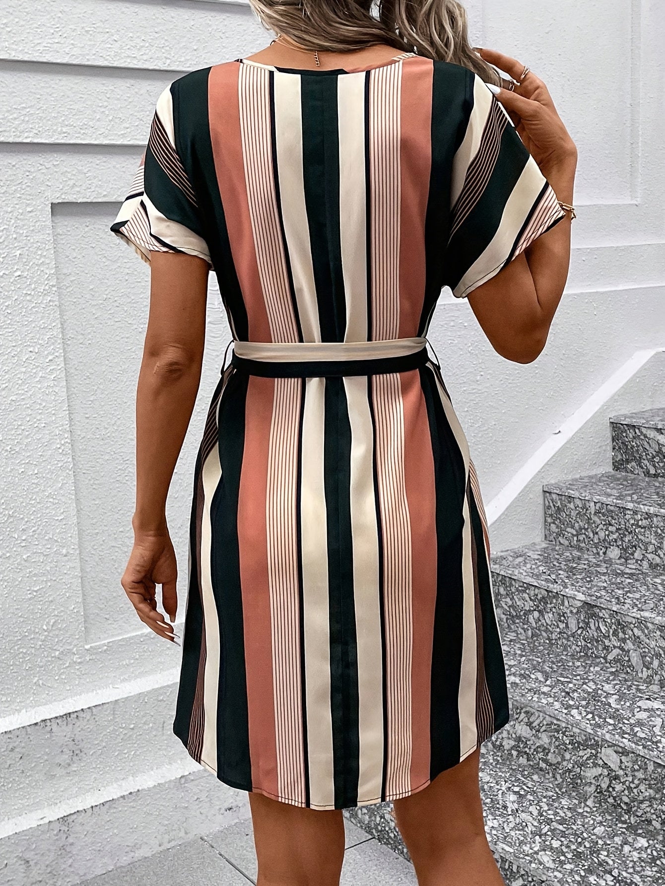Women's Elegant A-Line dress - Non-See-Through fabric, Beige/Black/ Brown/Stripes, Office Party Everyday Outfit - Machine Washable Women's Formal & Casual Attire, Chic Dress, Summer Wardrobe Essential, Vneck Design, Durable M