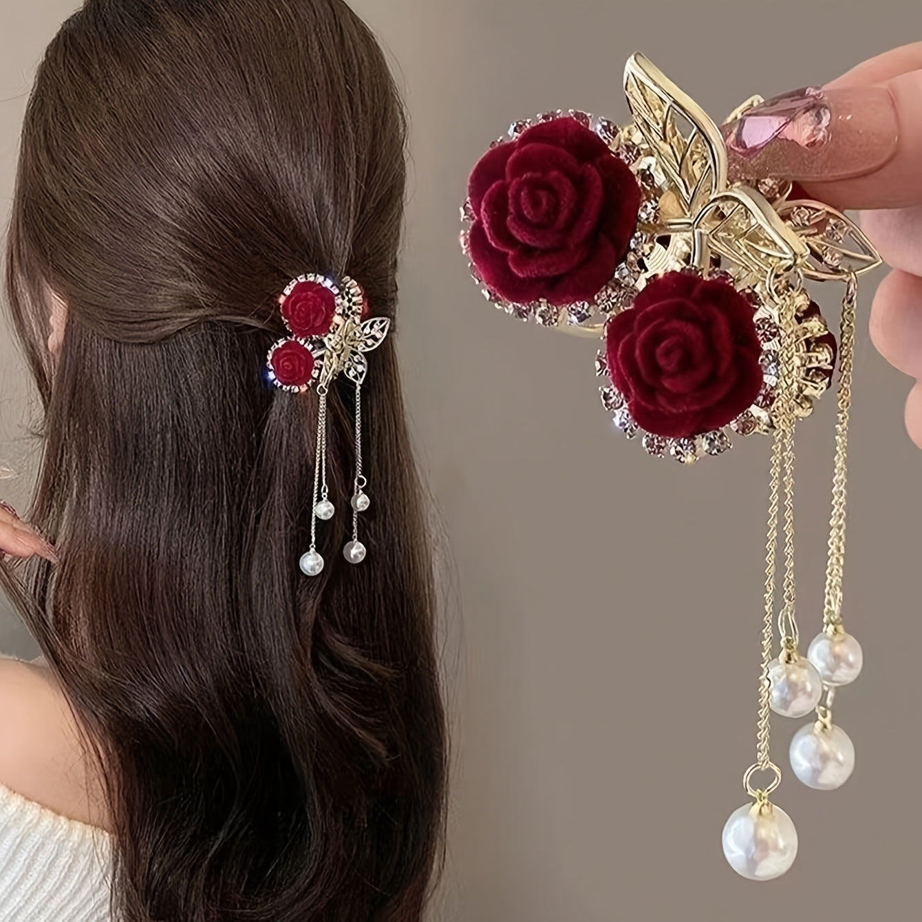 1pc Elegant Red Rose Tassel Claw Clip for Women - Sparkling Rhinestone Hair Accessory with Golden Accents, Perfect Gift for Special Occasions, Hair Accessories for