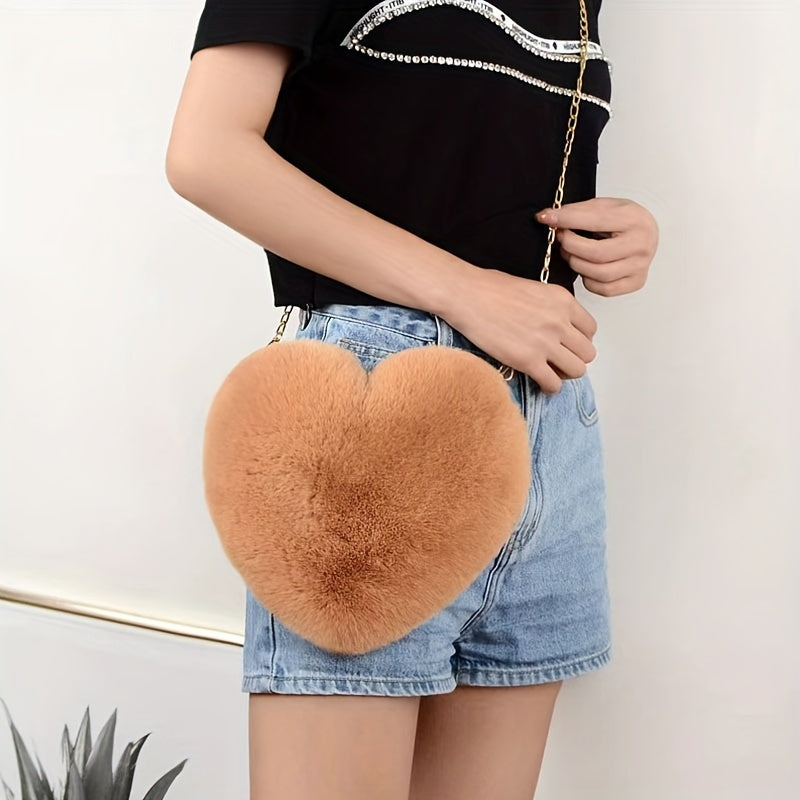 Chic Heart-Shaped Plush Crossbody Bag - Fashionable Zippered Shoulder Purse
