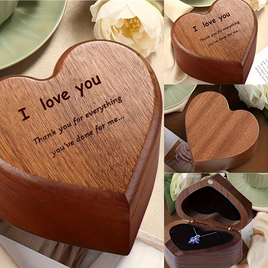 Heart-Shaped Bamboo Gift Box With Heart-Shaped Pendant Necklace, Handmade Birthday Gift For Wife, Unique Gift For Her, Valentine's Day Gift For My Beloved, Anniversary Gift