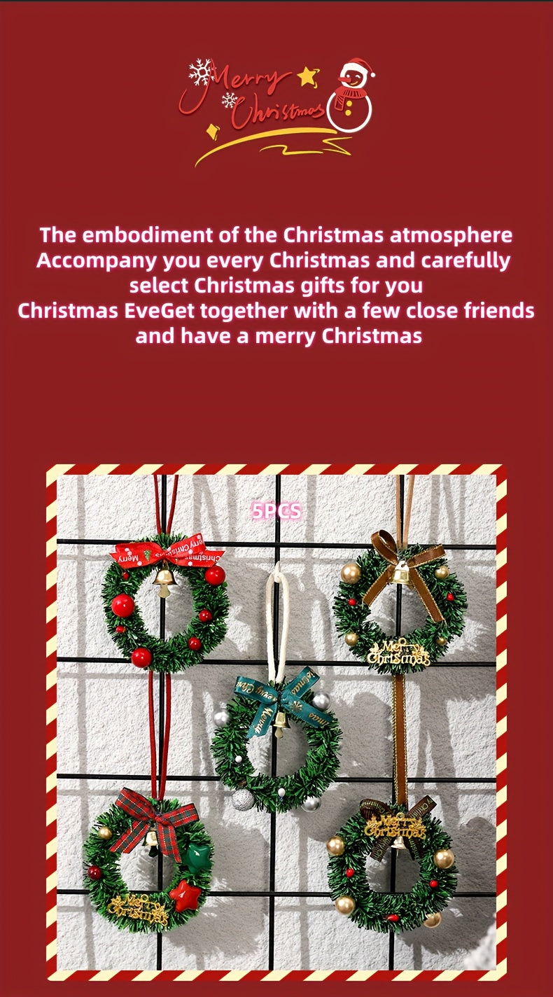 3pcs, 5pcs Random Styles Christmas Tree Decorative Window Display Pendants, Mini Wreath Ornaments, Handmade Mini Garland Hanging Decorations, Festive Car Bell Set for Holiday Atmosphere – Perfect for Christmas, Parties & Ne