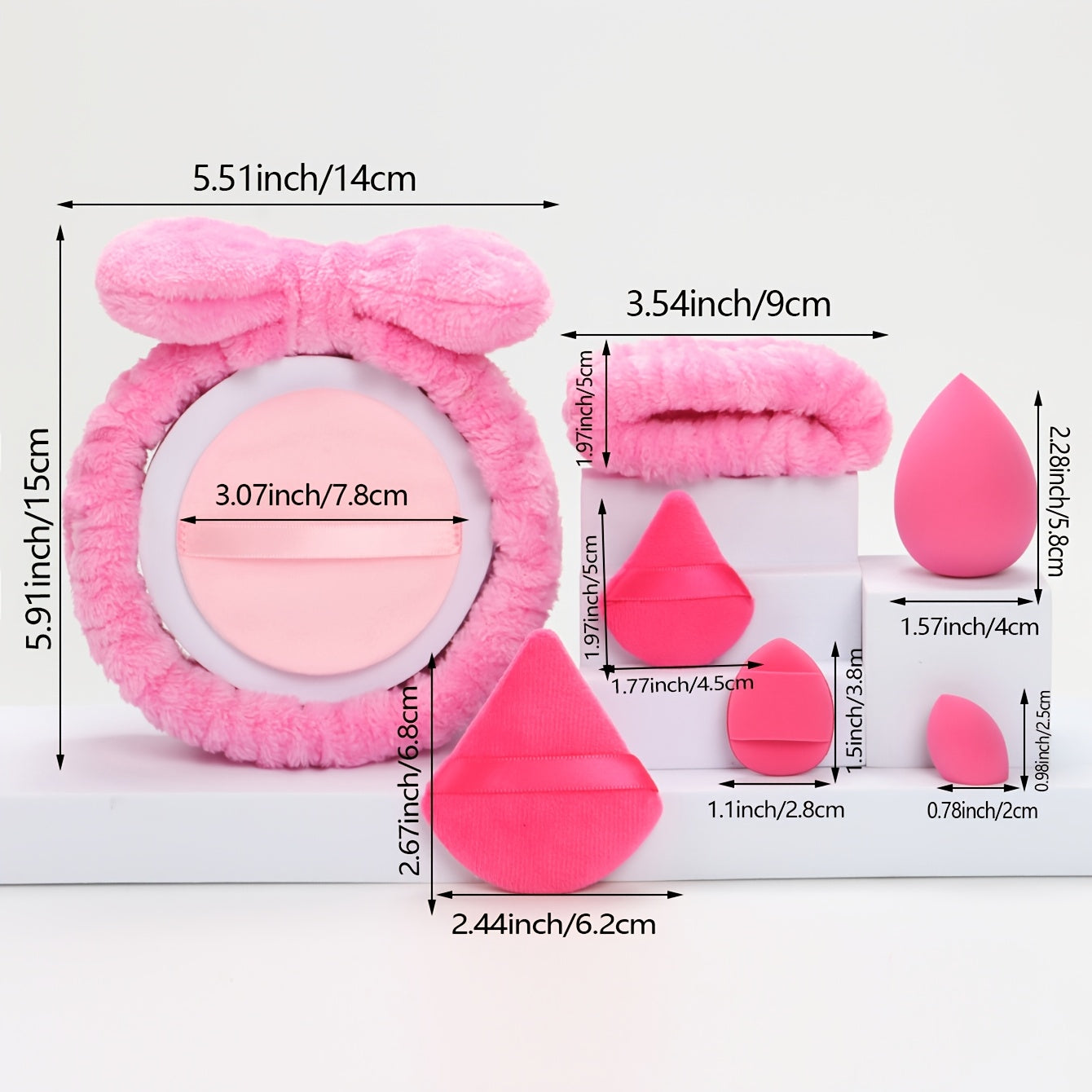 A Set of 21 Hair Accessories, Including 1 Butterfly Headband, 2 Wristbands, 6 Powder Puffs, 3 Makeup Sponges, 3 Finger Cushions, 3 Makeup Remover Pads, And 3 Mini Beauty Sponges.