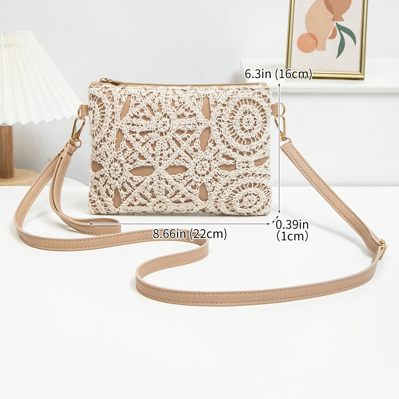 Elegant White Lace Crossbody Bag with Removable Beige Strap - Floral Pattern, Zipper Closure, Polyester Lining, Perfect for Spring & Summer Outfits, Casual or Formal Wear, Ladies Purse